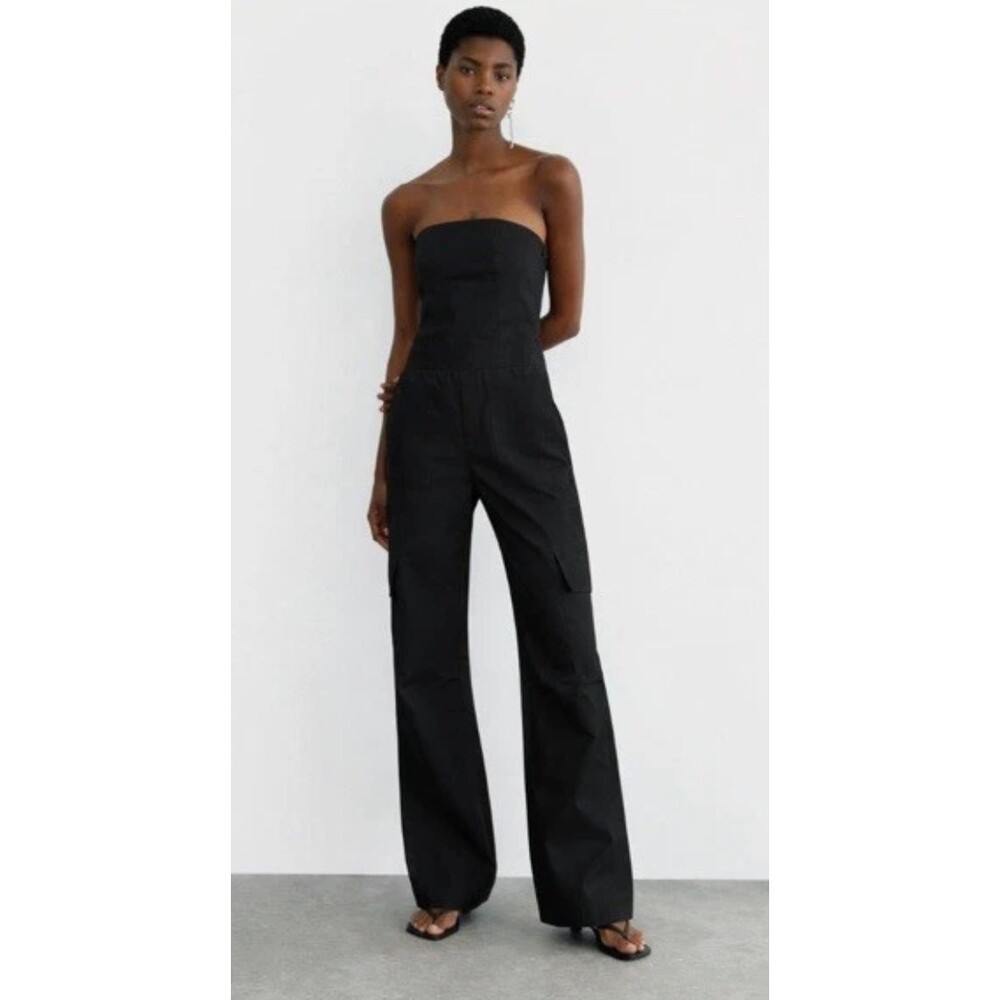 Zara Long Cargo Jumpsuit Strapless Black Wide Leg Utility NWT Women's XL